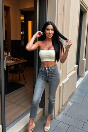Sexy slender girl with long black hair standing by the door of a posh restaurant