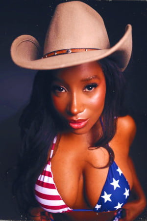 Ebony woman in a cowboy hat and stars and stripes bikini