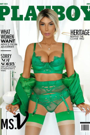 Playboy magazine cover with a busty woman in f=green lingerie