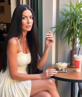 Classy looking woman with long black hair sitting at a cafe table