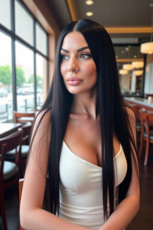 Classy looking woman with long black hair sitting in a restaurant looking pensive